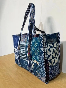 Bolso de hombro acolchado con retazos azul indio 100 % algodón Bolso de mano para mujer - Imagen 1 de 7
