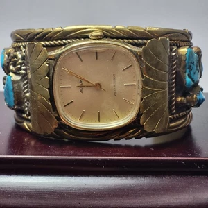 Vintage Native American Brass Turquoise Watch Cuff 10 Stones Heavy  93 Grams - Picture 1 of 19