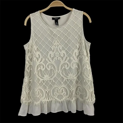 ALFANI Lace Overlay Tank Top Women PM Cream Quilted Flapper Fringe Regency Royal - Image 1 of 4