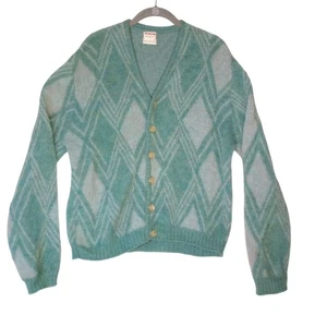 Vintage 60s Mohair Cardigan Sweater McGregor Sportswear Wool M Argyle Distressed - Picture 1 of 11