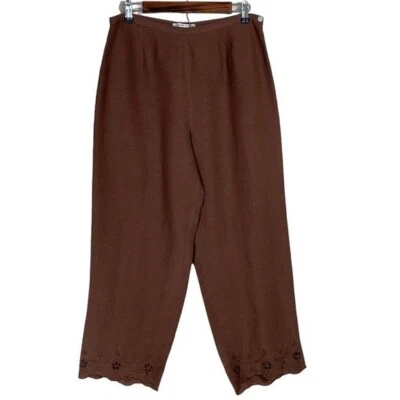 Jillian Jones Linen Pants Chocolate Brown Eyelet Floral Embroidered Bohemian 12 - Image 1 of 4
