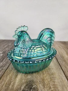 Teal Carnival Glass Rooster on Nest/Basket - Lidded Candy Dish - Picture 1 of 8