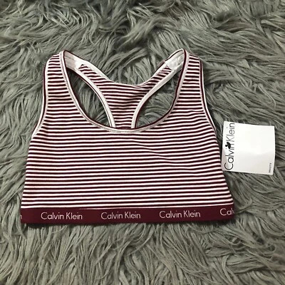 Nuevo con etiquetas Bralette Calvin Klein Moderno a Rayas Talla S Granate Púrpura Rojo Banda Blanco Foto 1 de 4