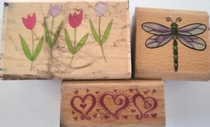 Wood Mounted Rubber Stamps Set of 3 Flowers, Butterfly and Hearts - Picture 1 of 5