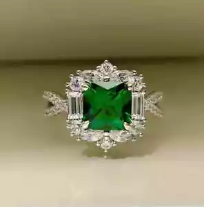 Art Deco Vintage Style 3Ct Asscher Cut Emerald 14K White Gold FN Engagement Ring - Picture 1 of 5