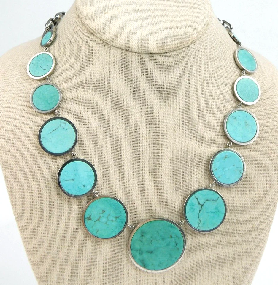 Michael Kors Faux Turquoise Disc Graduated Silver Tone 16-18" Necklace Pretty! - Image 1 of 4