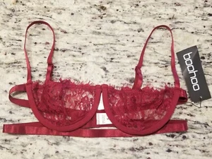 Boohoo Lingerie Bra Size Small Floral Lace Underwire Wine Red Sexy Strappy NWT  - Picture 1 of 16