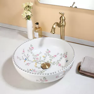 US Bathroom Vessel Sink Ceramic Round Flower Basin Antique Brass Drain Mixer Tap - Picture 1 of 9