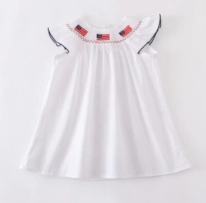 NEW Boutique 4th of July Girls Embroidered US Flag Smocked White Dress - Picture 1 of 11