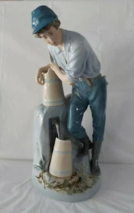 Vintage 1990's Royal Dux Bohemian Man/Boy Gathering Water At Well 18 " Tall - Picture 1 of 12