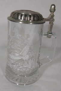 Beer Stein Mug Pewter Lid Germany Etched Eagles Dome Embossed Top Clear Glass  - Picture 1 of 12