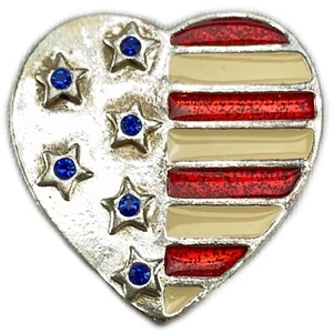 AJMC Patriotic Heart Stars Flag Pin Brooch Blue Rhinestones Red and White Enamel - Picture 1 of 5