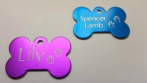 PET TAG BONE WITH PAWS DIAMOND ENGRAVED ID DOG TAGS 2-SIDE CUSTOM PERSONALIZED - Picture 1 of 3