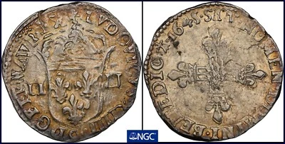 FRANCE LOUIS XIV  1645(9)  1/4 ECU SILVER COIN, ORIGINAL, NGC CERTIFIED AU58 - Image 1 of 4