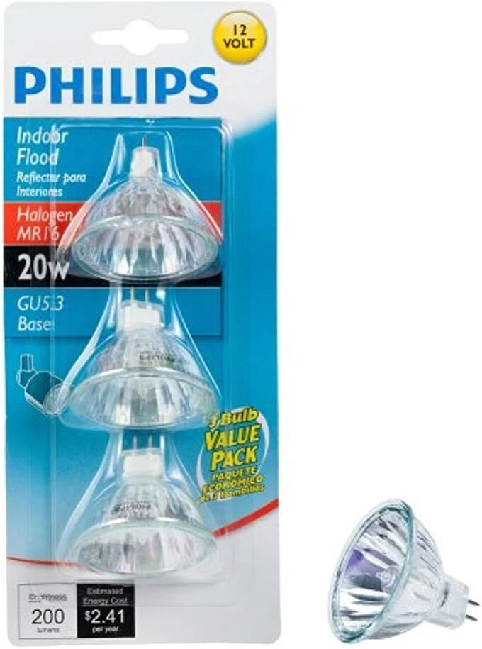 Philips Halogen 20W Spot Light Bulbs Dimmable GU5.3 12V 2 Pin MR16 Pack of 3 - Image 1 of 1