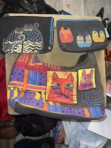 LAUREL BURCH Canvas CATS Art Deco Tote Bag Purse 2 Cosmetic Bag lot - Picture 1 of 10