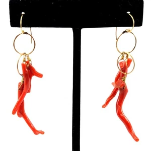Vintage 14k Natural Red Coral Pierced Dangle Earrings, Red Coral Branch 14k - Picture 1 of 10