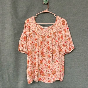 Rose & Olive Orange Floral Square Neckline Smocked Blouse - Picture 1 of 8