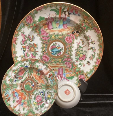 3~ Plato de salsa plato de porcelana pintado a mano medallón rosa familiar antiguo Foto 1 de 4