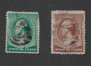 US # 210 & 213, 2 cents green and brown, 1883-87, VF+ - Picture 1 of 2