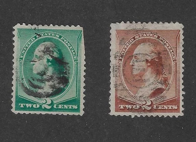 US # 210 & 213, 2 cents green and brown, 1883-87, VF+ - Image 1 of 2