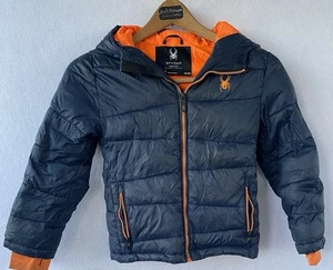 Spyder Puffer Winter Jacket Boys XS 6 Navy Full Zip Hood Zip Pocket - Picture 1 of 4
