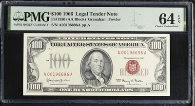 1966 $100 Legal Tender FR-1550 - Red Seal - Graded PMG 64 EPQ Neat Serial # - Image 1 of 2