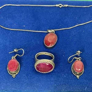 Stirling silver Rhodochrosite Ring and Earrings Set/Necklace Is Ruby tested - Picture 1 of 19
