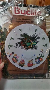 Bucilla Christmas Express 44" Stamped Christmas Tree Skirt Cross Stitch Kit READ - Picture 1 of 4