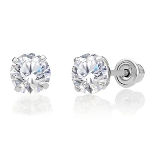 10K Solid White Gold Solitaire Round CZ Sleeper Stud Earrings Screw-back 2mm-8mm - Picture 1 of 26