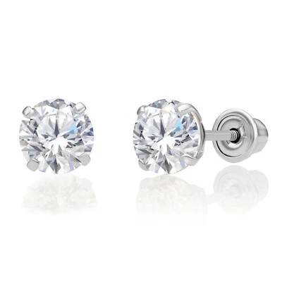 10K Solid White Gold Solitaire Round CZ Sleeper Stud Earrings Screw-back 2mm-8mm - Image 1 of 4