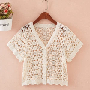 Women Crochet Shrug Crop Cardigan Top Lace Hollow Out Floral Bolero Wrap - Foto 1 di 14