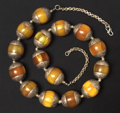 Alte Bernstein Collier Butterscotch Honig mit Silber Gravur Handarbeit Kette - Bild 1 von 4