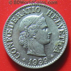 SWITZERLAND 1939-B 10 RAPPEN SWISS HELVETICA BERN MINT COIN NICKEL (no silver) - Picture 1 of 2