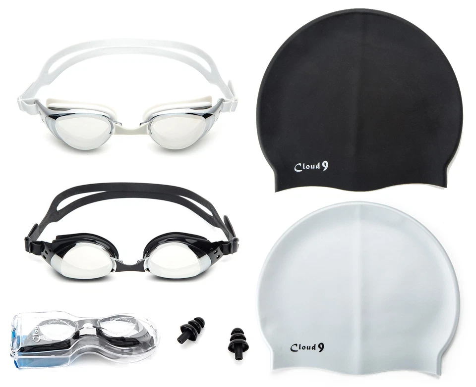 CLOUD 9 Adult Swimming Goggles Anti Fog Adjustable Strap + Swimming Caps Combo Pack