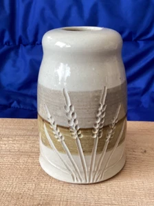 Studio Art 4.5" Tall Pottery Vase with impressed Wheat Design Signed JM Used - Picture 1 of 9