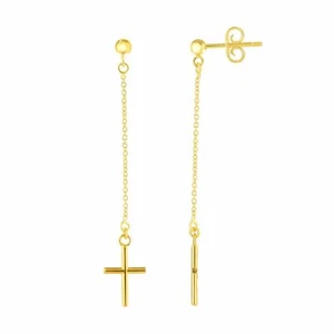 14K Yellow Gold Hanging Cross Charm Earrings - Picture 1 of 2