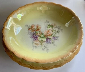 Antique Peach Lusterware Yellow Roses Complementary Pair Fruit Bowl Plate - Picture 1 of 14