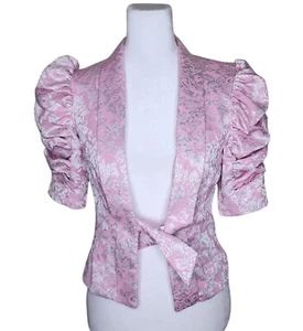 Betsey Johnson Blazer Tie Front Puffy Sleeve Womens Size 0 Pink Silver - Picture 1 of 7