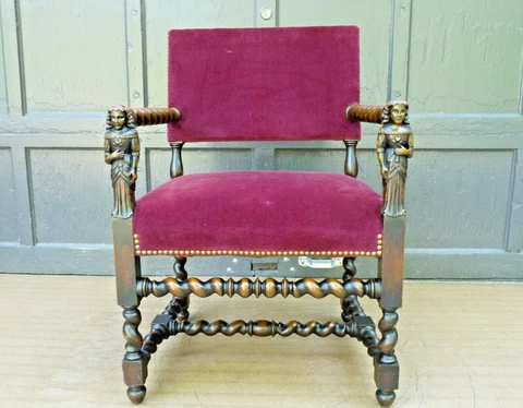 French Baroque Arm Chair Barley Twist w Carved Women Frame Antique Cover