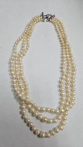 Designer SS Triple Strand Freshwater Pearl Necklace Signed BdM 17" [055GCB] - Picture 1 of 3