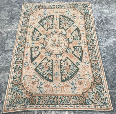 4x6 ft Vintage French Handmade Floral Needle Point Aubusson  Wool  Kilim Rug - Image 1 of 4