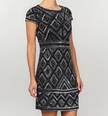 Adrianna Papell Women's Black Beaded Sheath Dress Size 8 Holiday Party Cocktail - Image 1 of 4