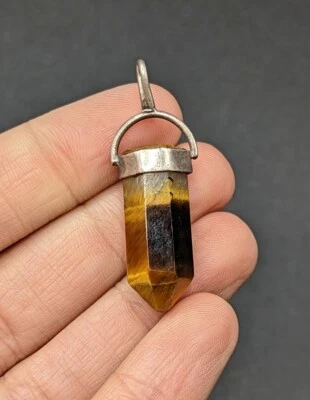 Colgante de plata esterlina con prisma de piedra de meditación curativa ojo de tigre doble punto Foto 1 de 4