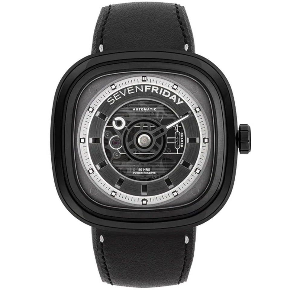 SevenFriday Men's Watch T Series T BLACK Power Reserve Leather Strap T1-04