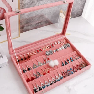 2x Jewelry Stud Display Case 32 Pair Earring Necklace Storage Top Glass Lid Tray - Picture 1 of 13