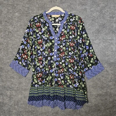 La Cera Top Womens L Blue Green Floral Mixed Print Tunic Henley Pleated Festival - Image 1 of 4