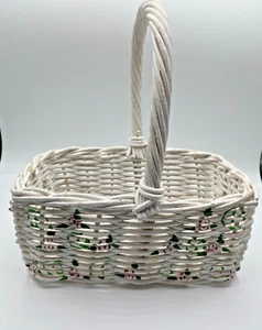 Vintage White Wicker Basket w/ Flower Accent Home Interiors Made in Philippines - Picture 1 of 8