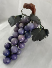 Vintage Stone Marble Purple Grapes w/ Carved Jade Leaves & Wood/Wire Stem MCM