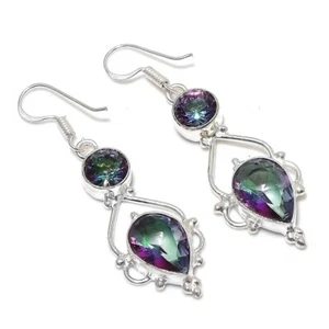 Mystic Topaz Gemstone Handmade 925 Starling Silver Jewelry Earring Size 1.75" - Picture 1 of 1